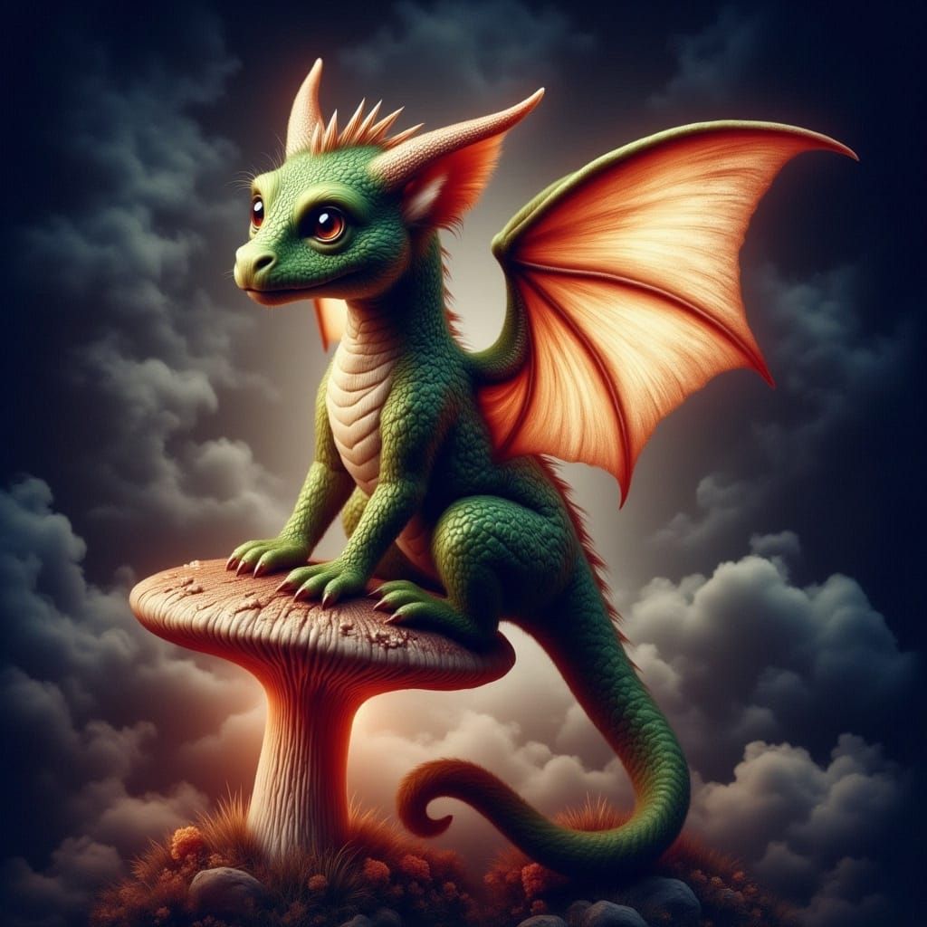 Chibi Dragon on Bioluminescent Mushroom