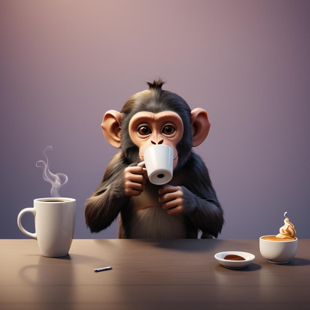 Monkey Drinking Coffee in 3D Style