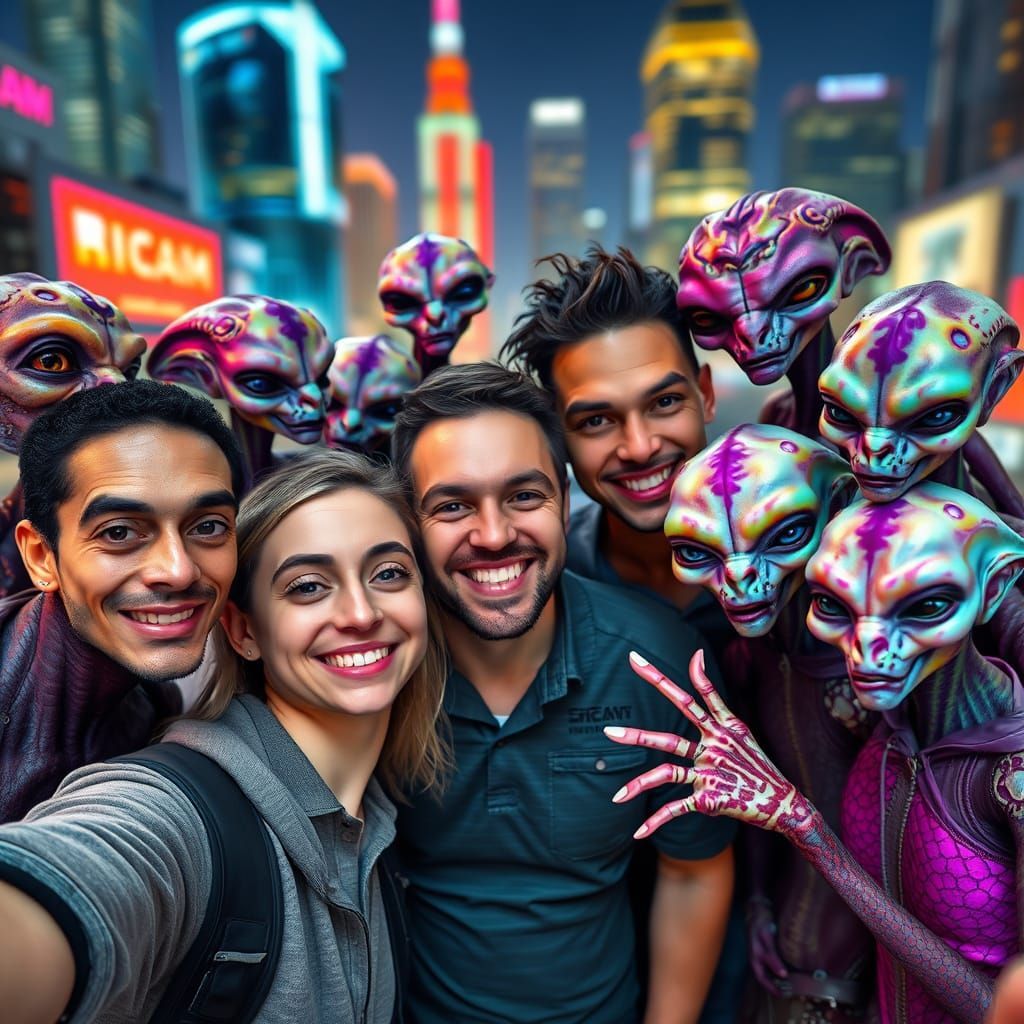 Humans and Aliens Unite in Futuristic Selfie