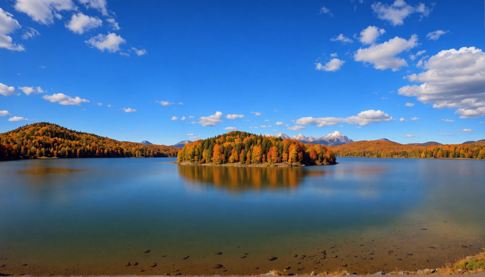 Autumn Mountain Lake Island: Hyperrealistic HDR Image