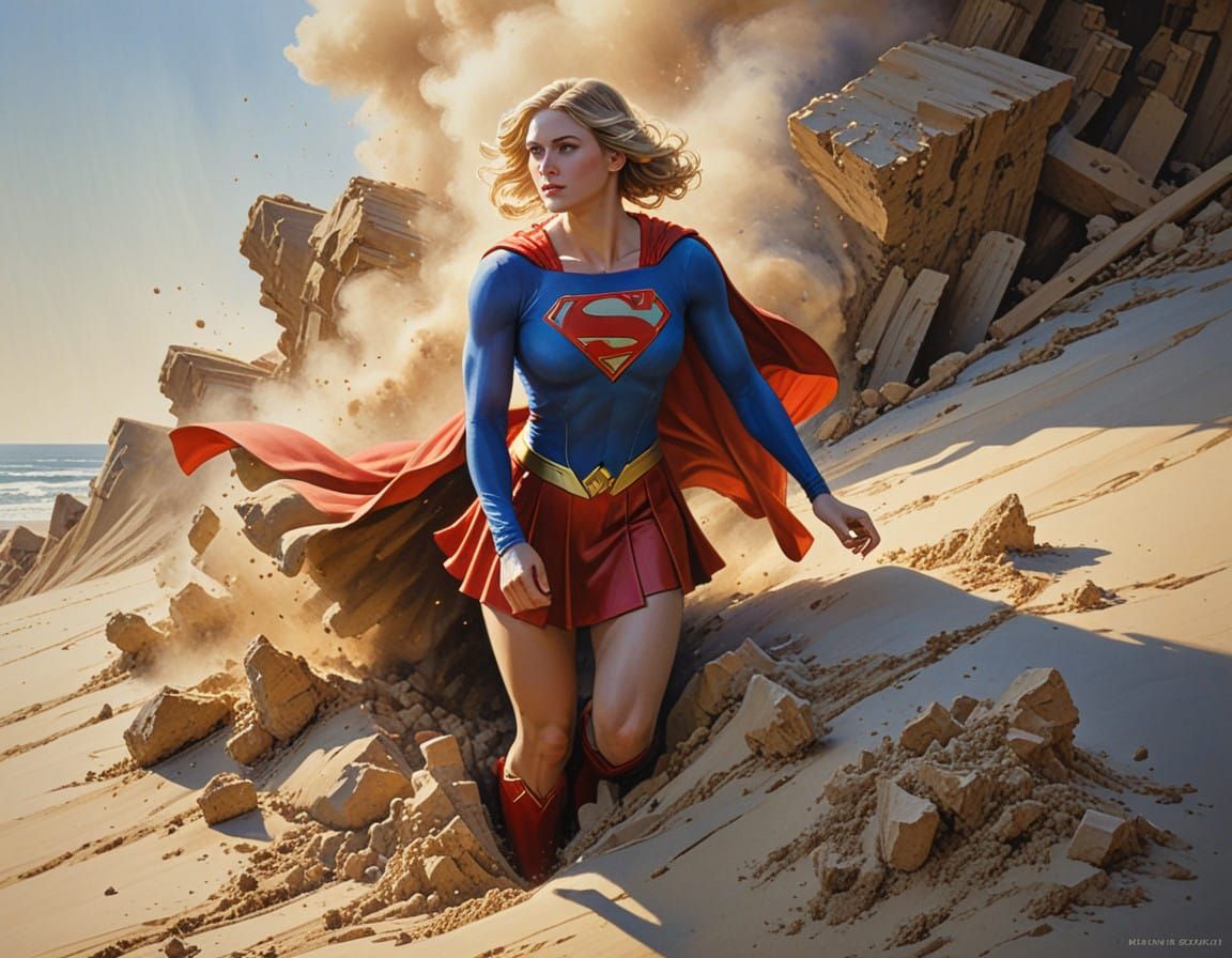 Supergirl Rises from Desert Sand in Gentle Watercolor Style