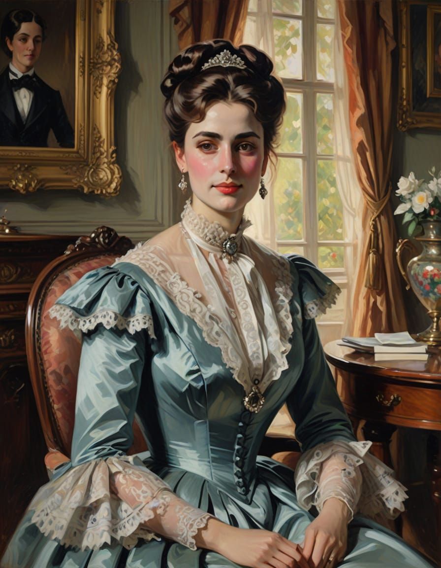 Elegant Victorian Lady in Parlor, Shy Smile, Oil Painting