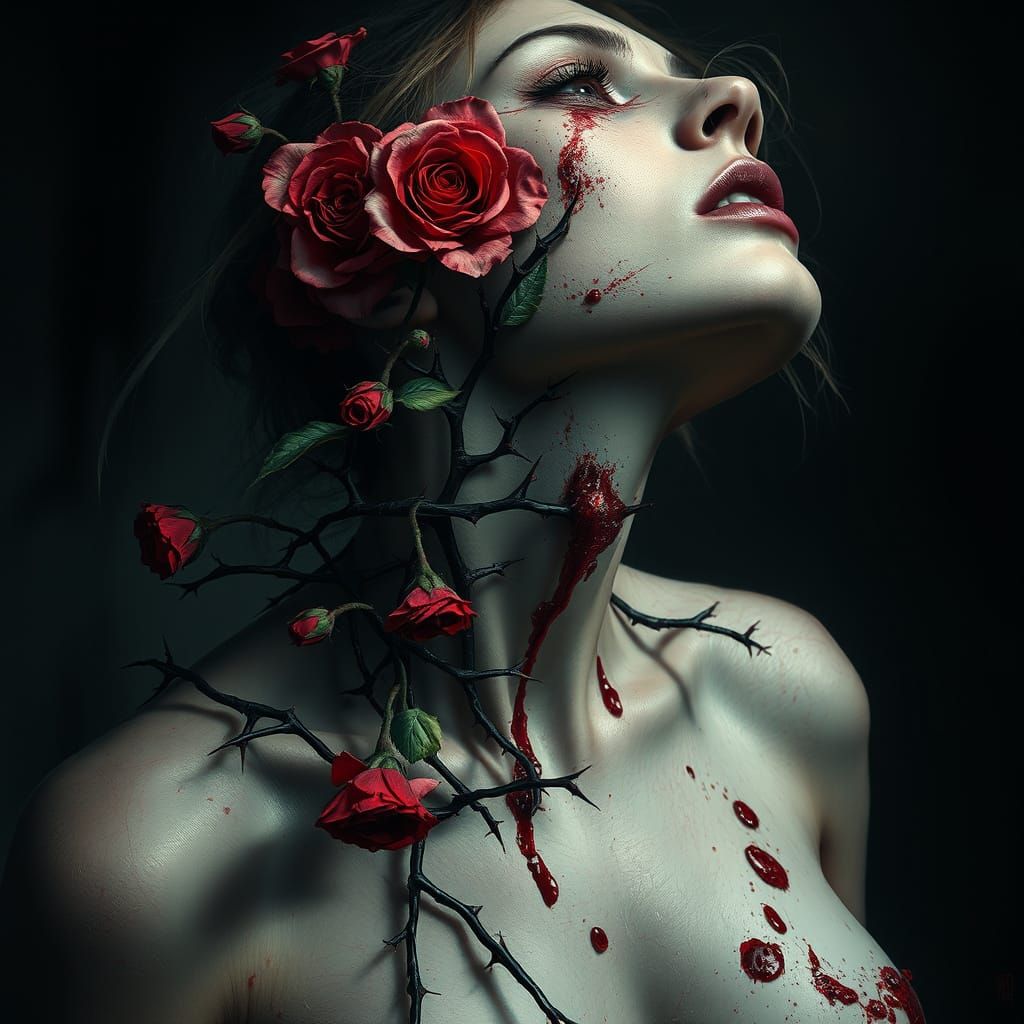 Surreal Painting of Woman Torn by Thorns and Roses