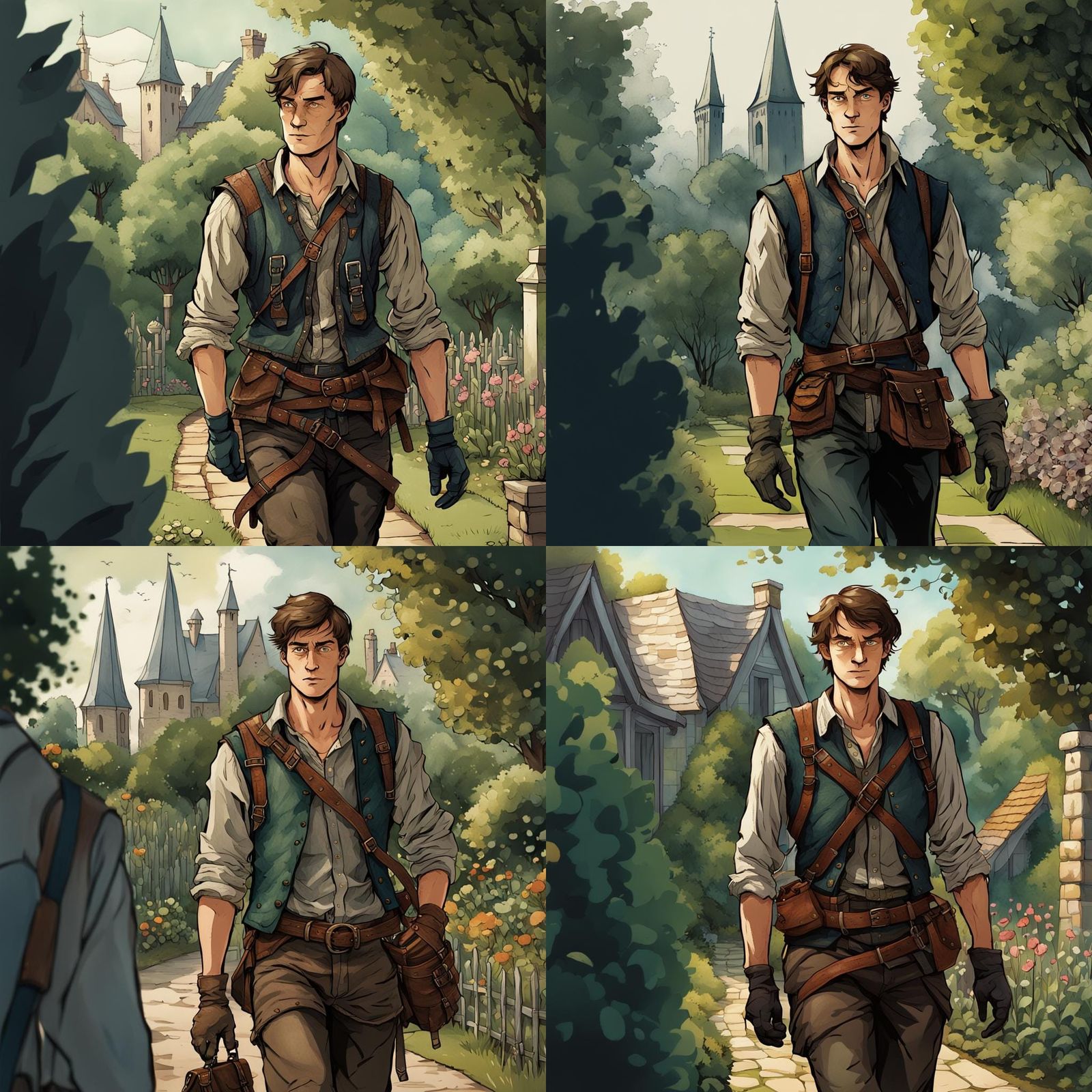 Medieval Commoner in Garden, Detailed Fantasy Illustration