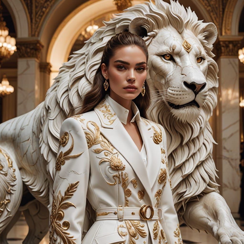 Elegant Woman and Lion in High-Resolution Digital Art