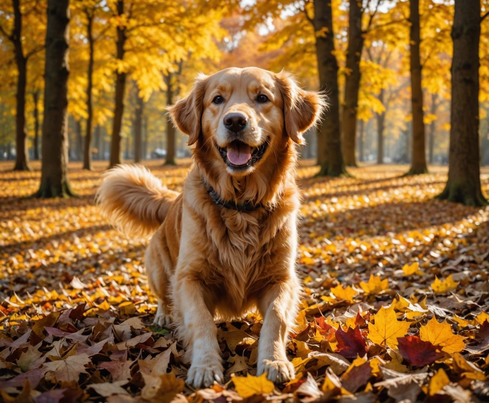 Golden Retriever Plays in Autumn Leaves