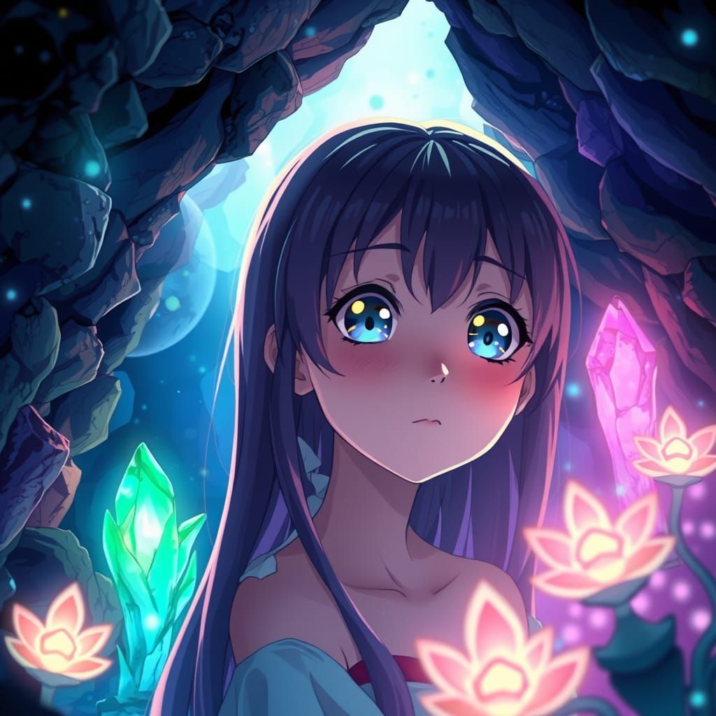 Anime Girl in Mystical Crystal Cave