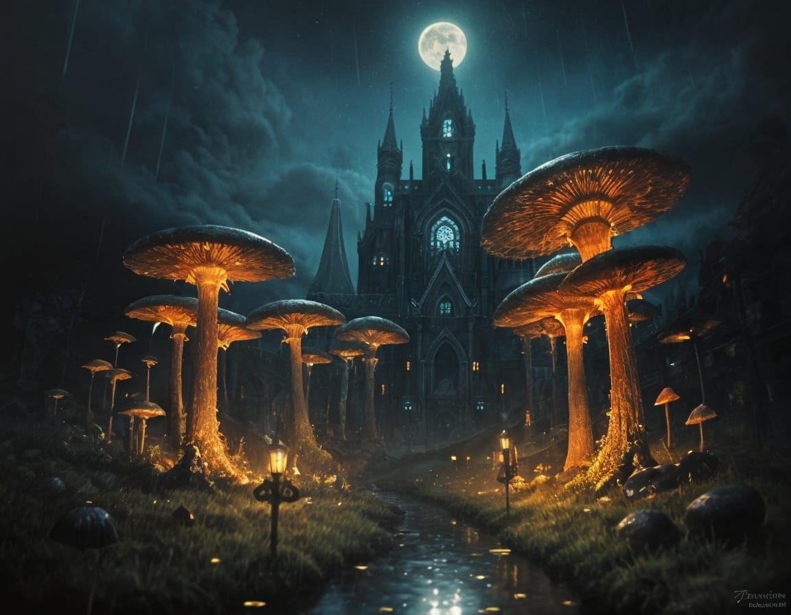 Surreal Night Scene with Mushrooms and Moons
