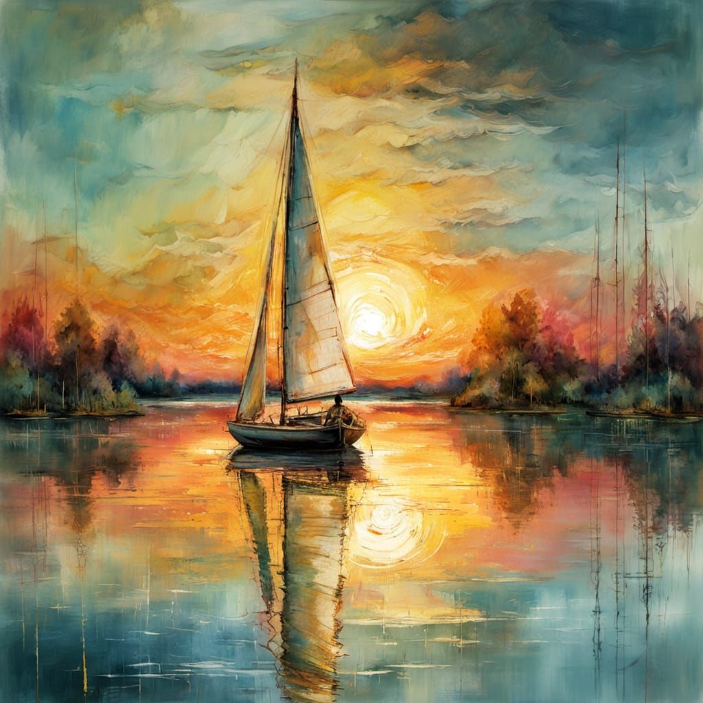 Impressionistic Summer Sailboat Scene in Golden Hour