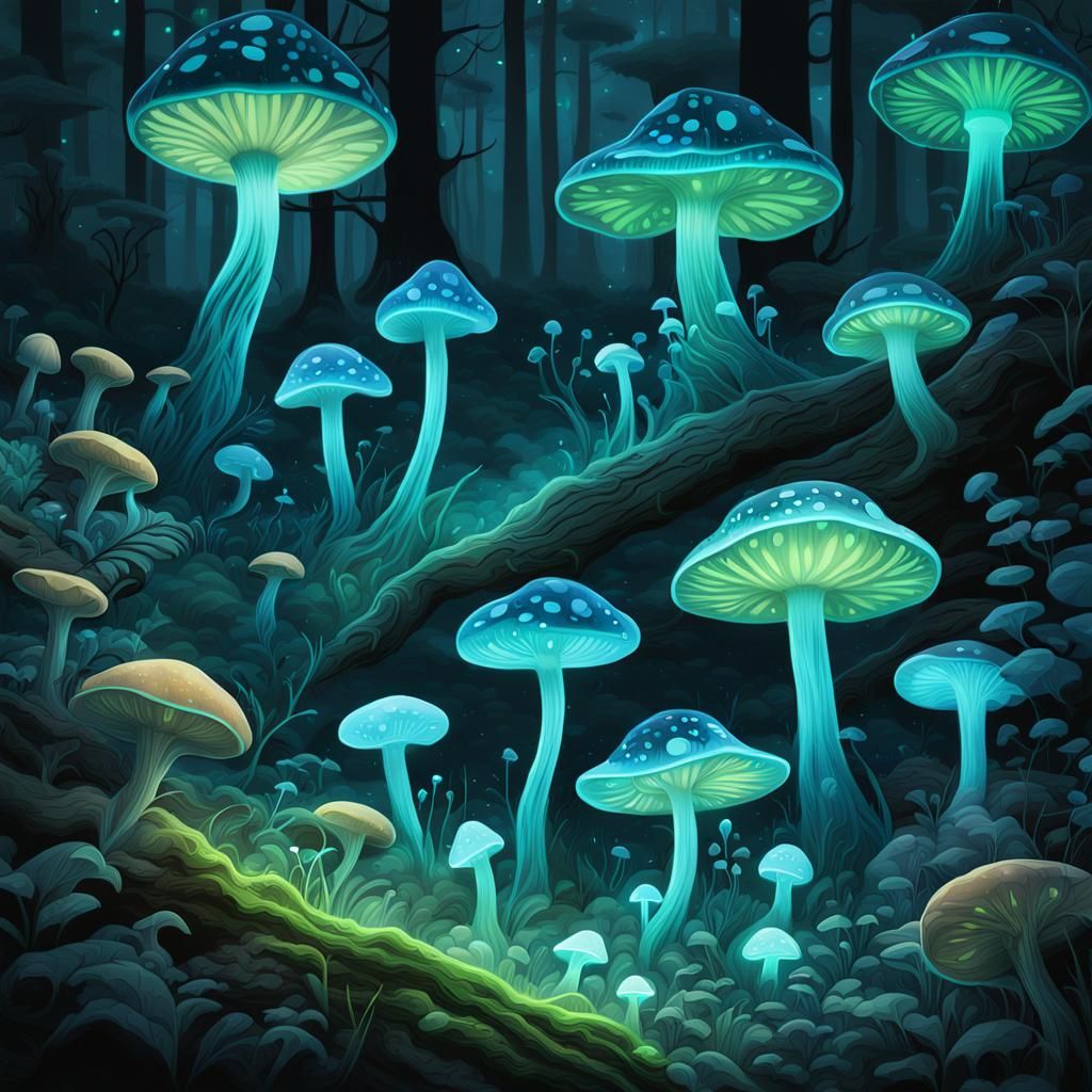 Bioluminescent Mushrooms in Forest: Anime-Inspired 3D Art