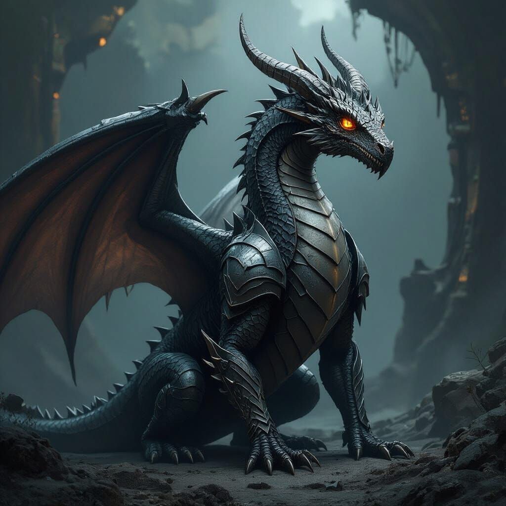 Armored Wyvern with Fins in Biomechanical Style