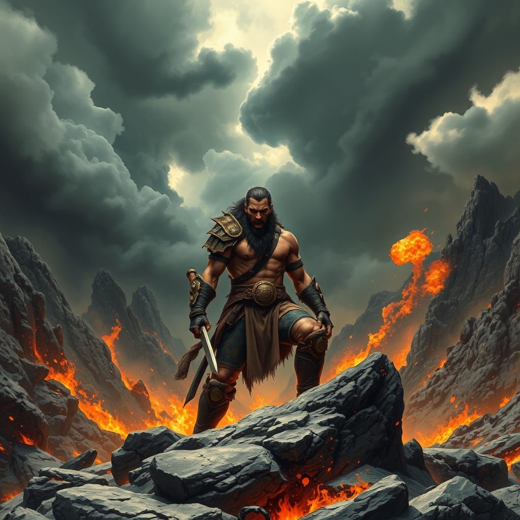 A mighty (and more than a little crazy) warrior visiting a volcanic netherworld.