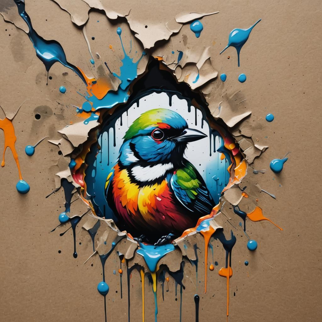 Colorful Bird Graffiti Peeking Through Paper Hole