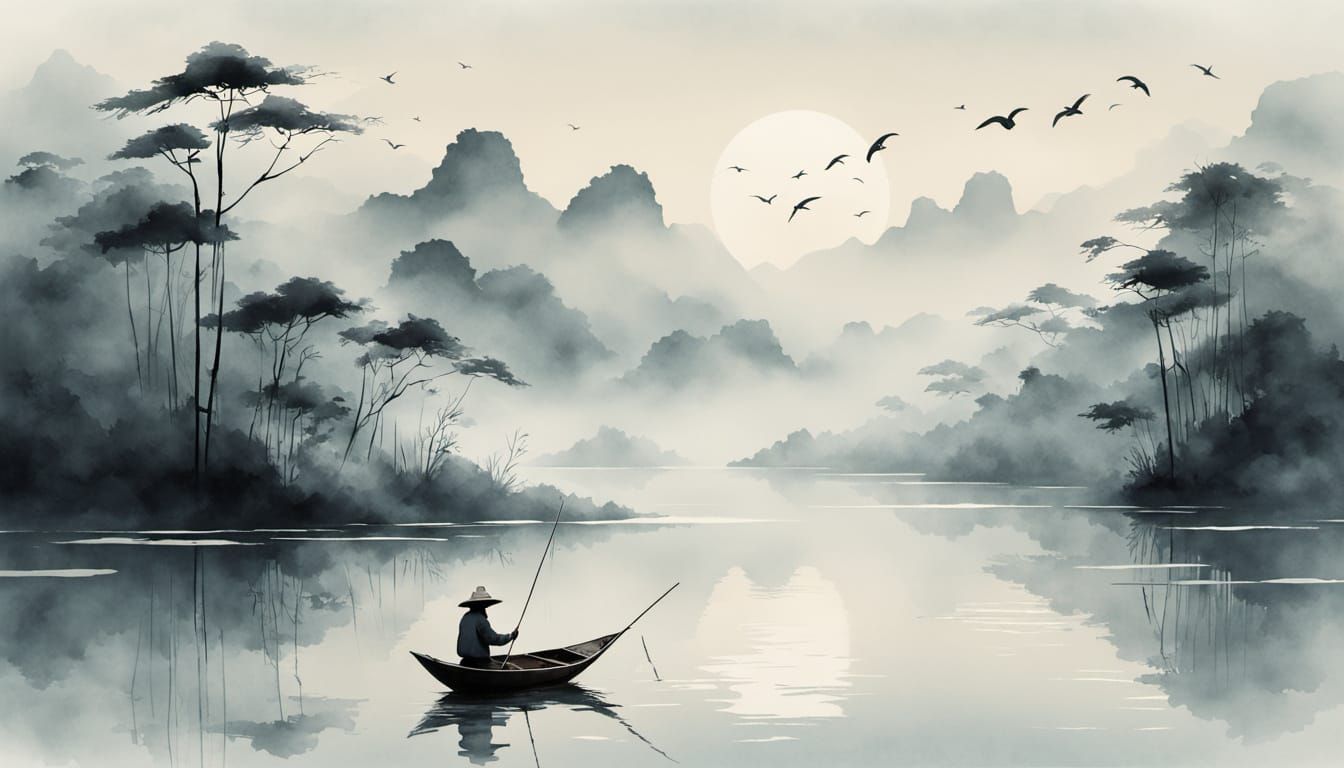 Fisherman's Catch in Ethereal Mist - Chinese Watercolor Styl...