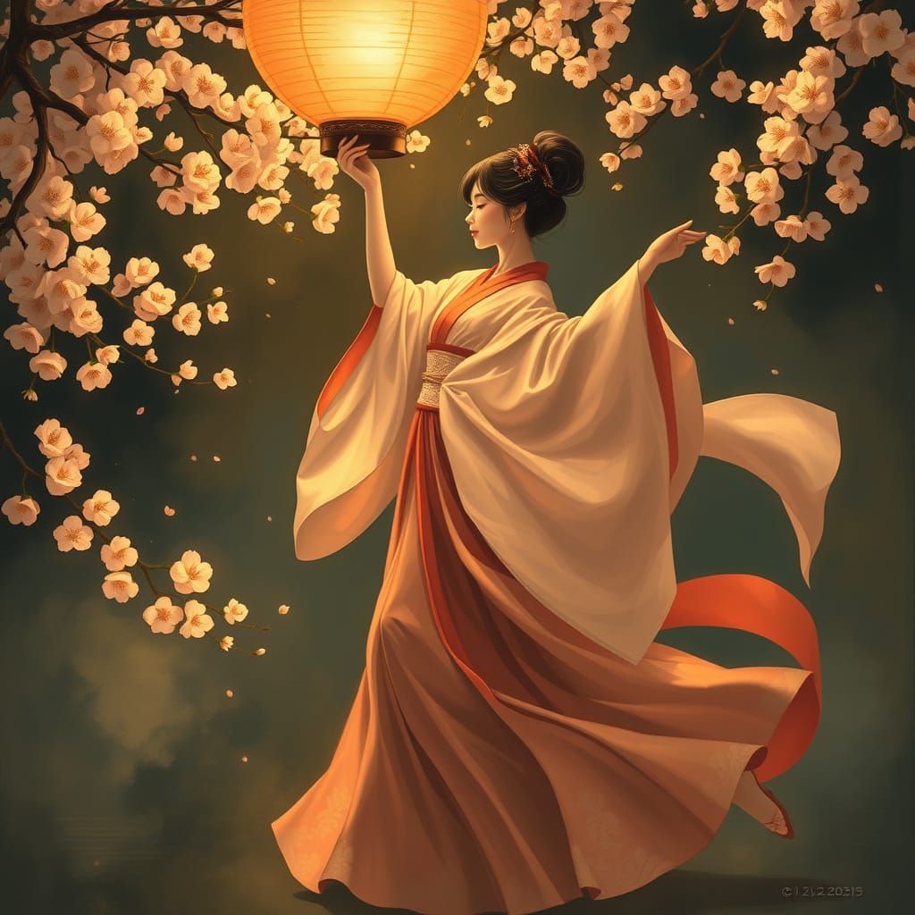 Japanese Princess Dancing with Lanterns in Golden Light