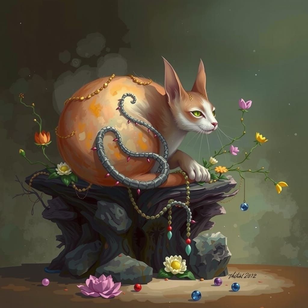 Mystical Cat Gargoyle in Abstract Watercolor Forest