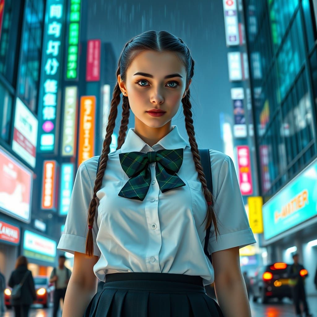 Futuristic Tokyo Schoolgirl in Neon-Lit Streets