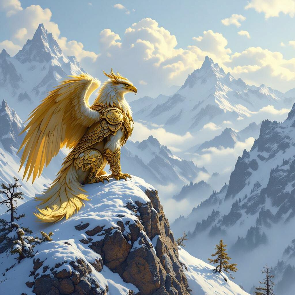 Golden Griffin Perched Atop Mountain Peak