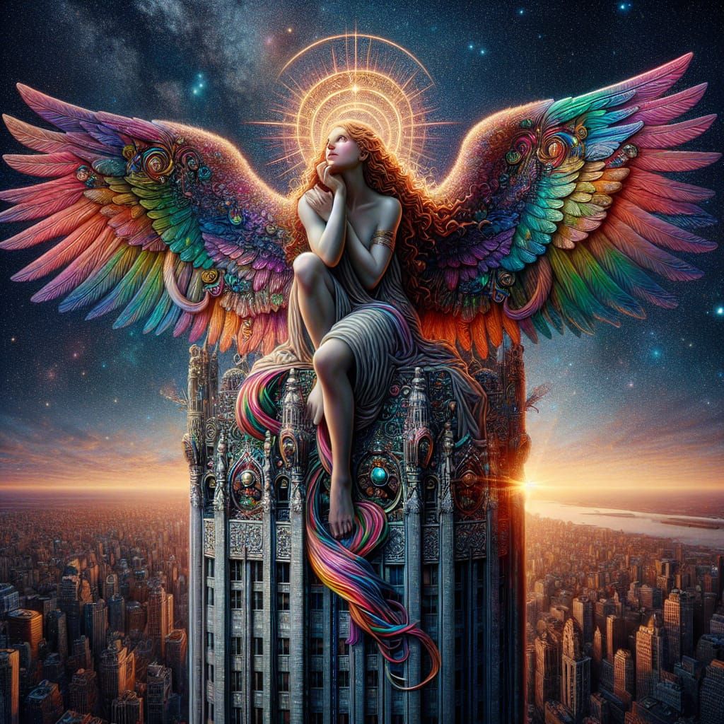 Celestial Angel Overlooks Earth at Sunset