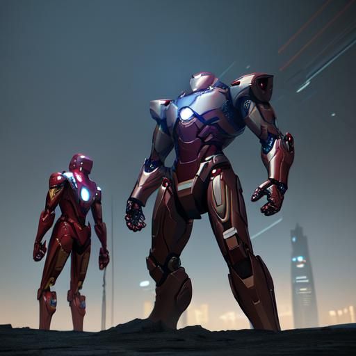 Iron Man and Spider-Man in a Cyberpunk Cityscape