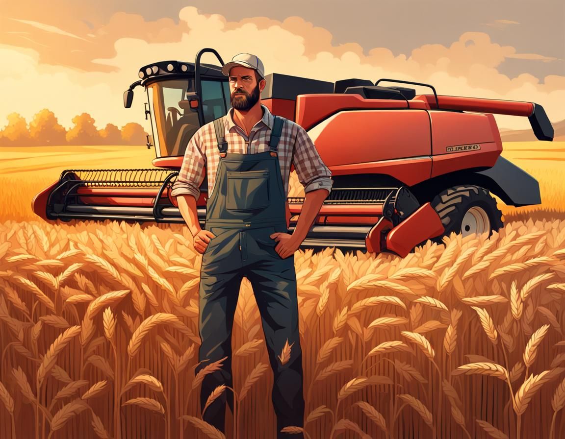 Realistic Farmer in Wheat Field with Harvester