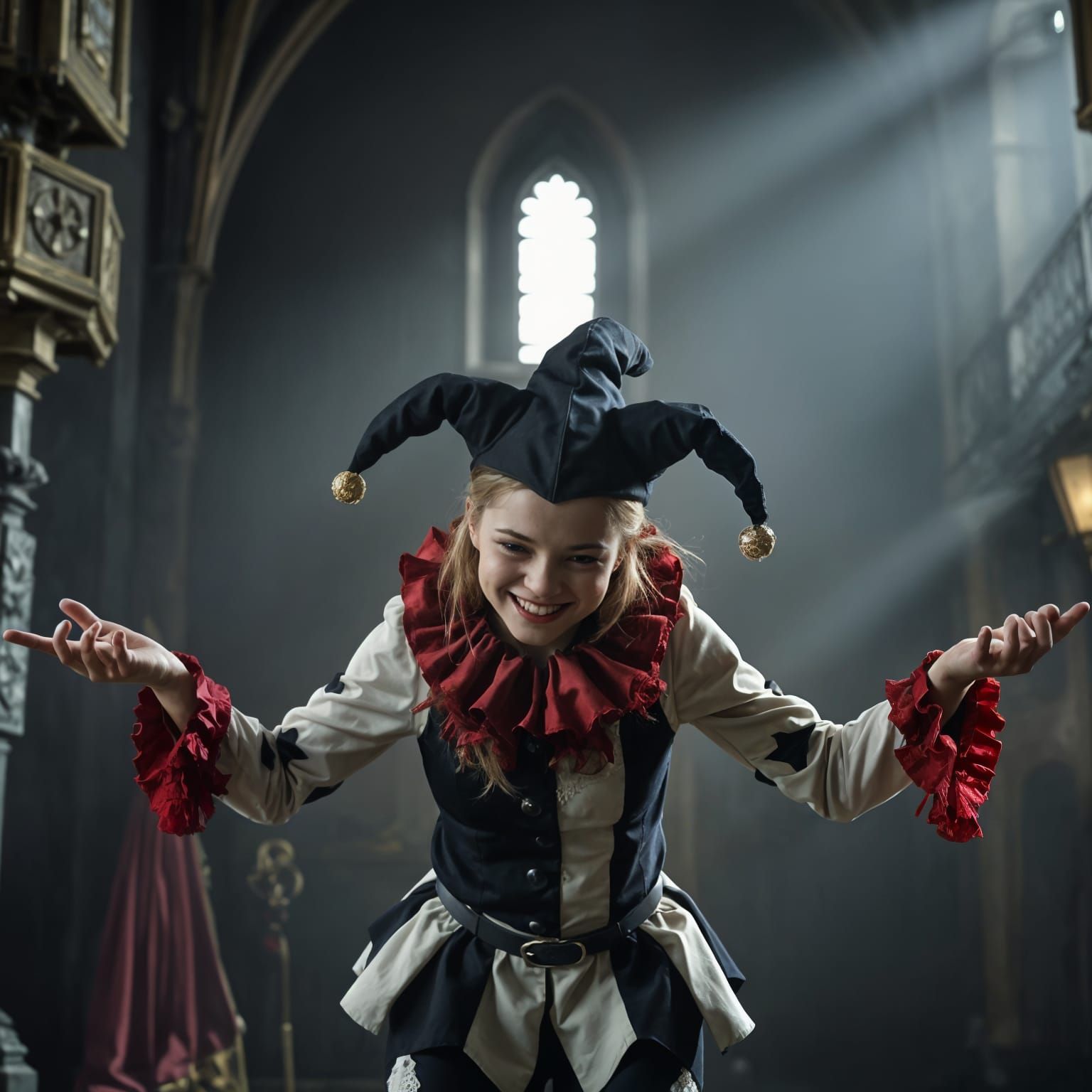 Jester Woman Bows in Gloomy Castle