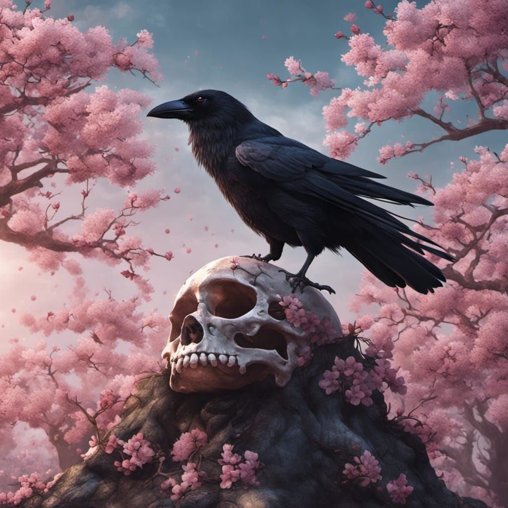 Crow and Skull with Cherry Blossoms, Detailed Matte Painting