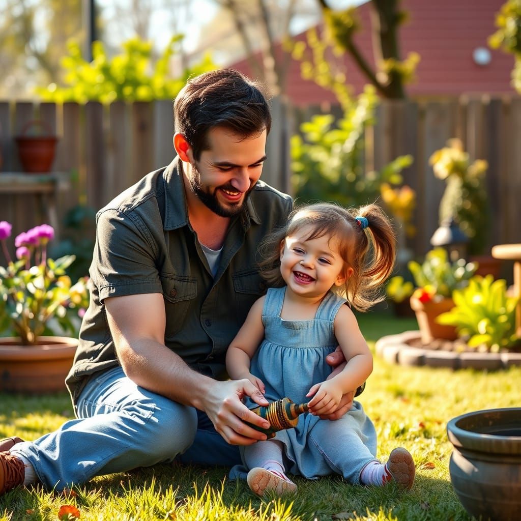 Father and Daughter in Sunny Backyard, Illustrated Style
