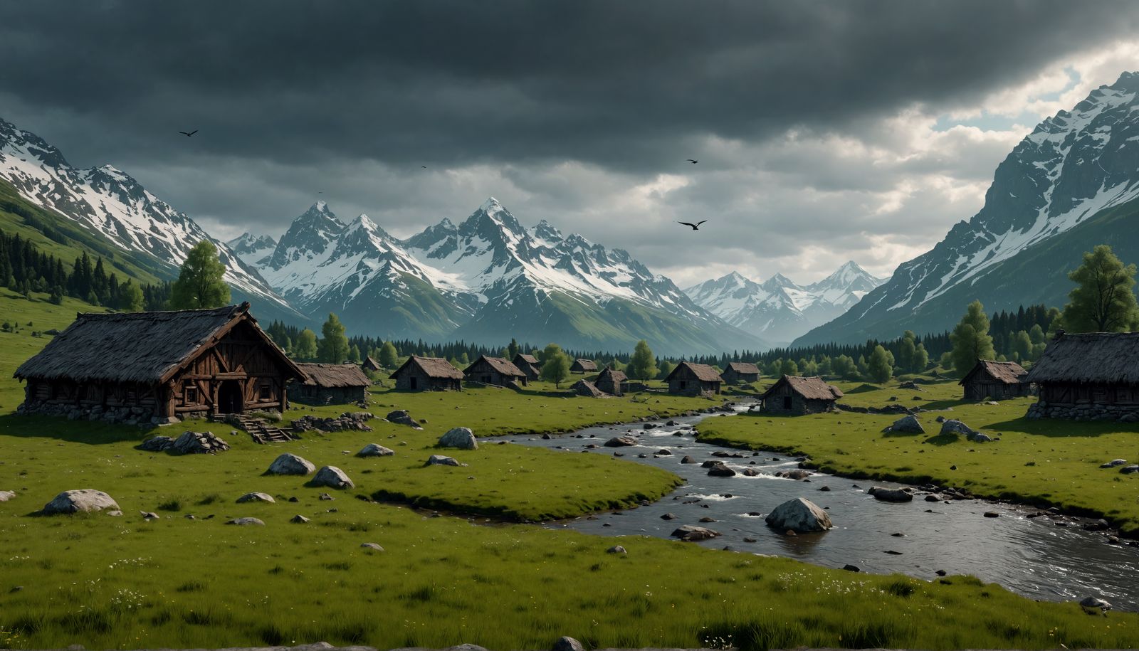 Nordic Ruins Landscape with Meadow Stream in 8K