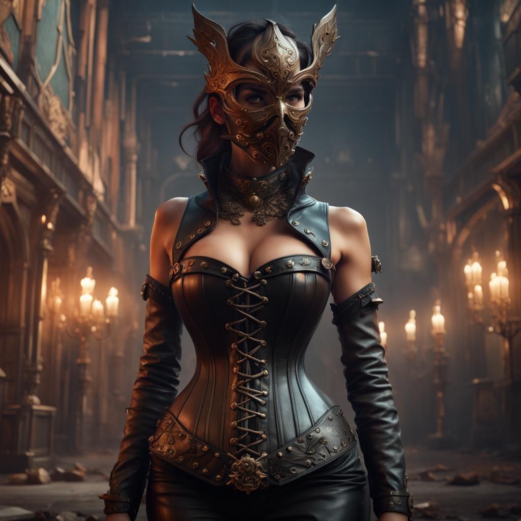 Masked Woman in Leather Corset: Detailed Fantasy Art
