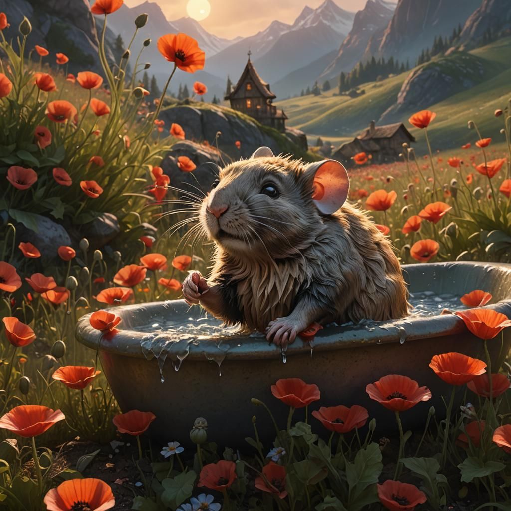 Gnome and Mouse Bathing in Poppy Field