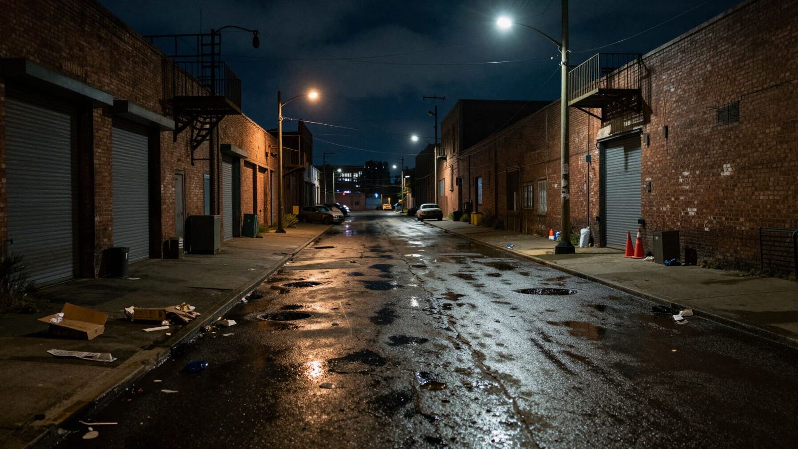 Hyper-Photorealistic Night View of Deserted Urban Industrial...