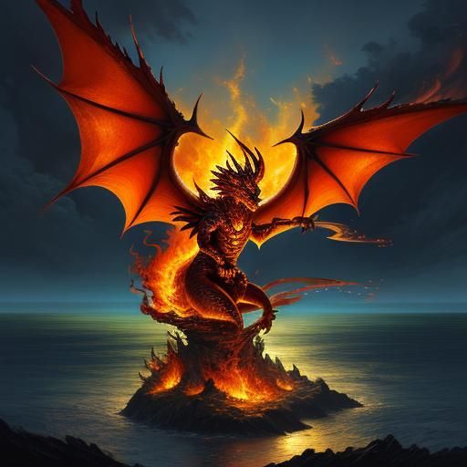 Fiery Dragon with Ocean-Lit Wings in Ethereal Fantasy