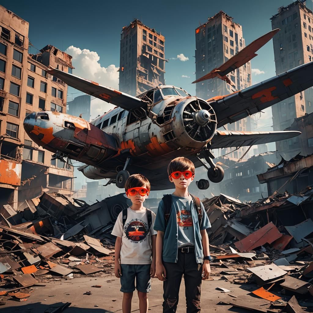 Boy on Crashed Plane in Digital Art Style