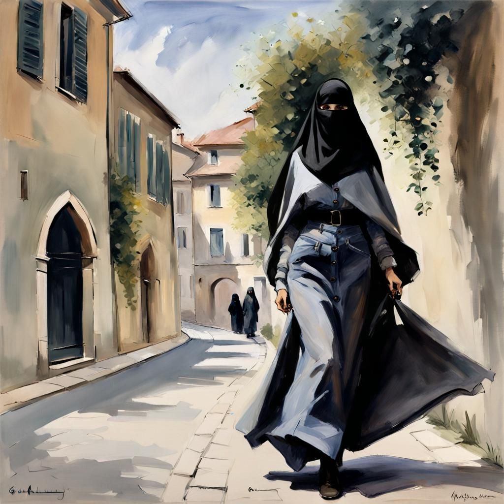 Niqabi Woman in Cozy City, Guache Painting