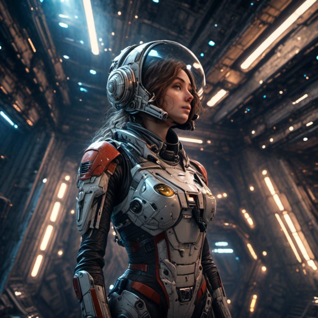 Soldier in Spaceship Docking Bay with Starry Sky