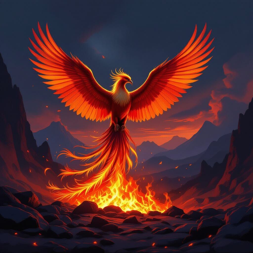 Majestic Phoenix Rises From Embers in Fantasy Art Style