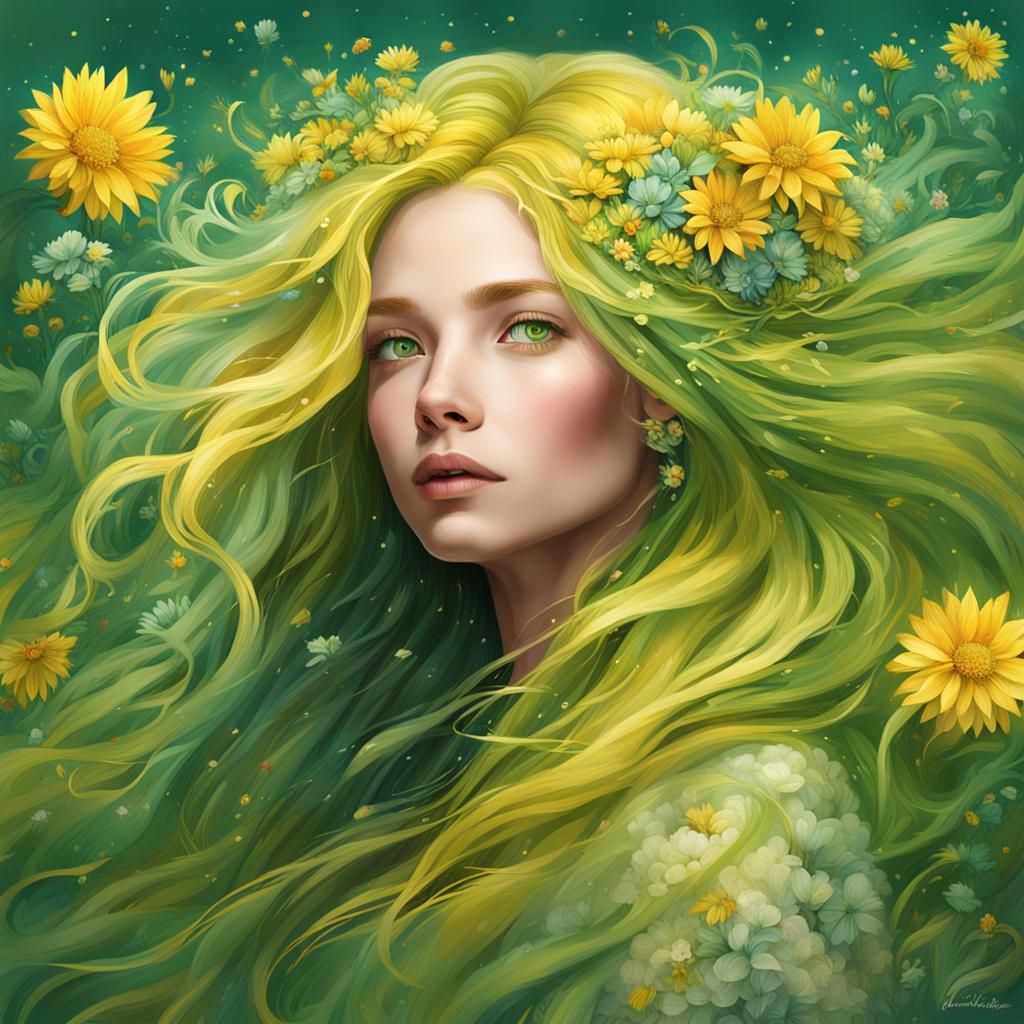 Woman with Floral Hair, Digital Art