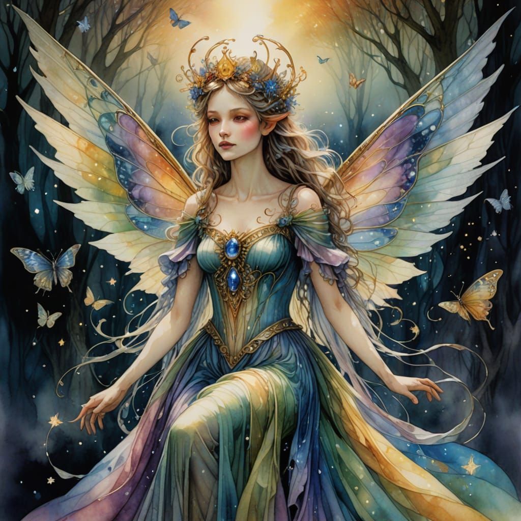 Ethereal Fairy Queen Descends on Shimmering Rainbow