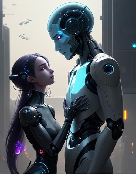 Human and Robot Embrace in Cyberpunk Sketch Art