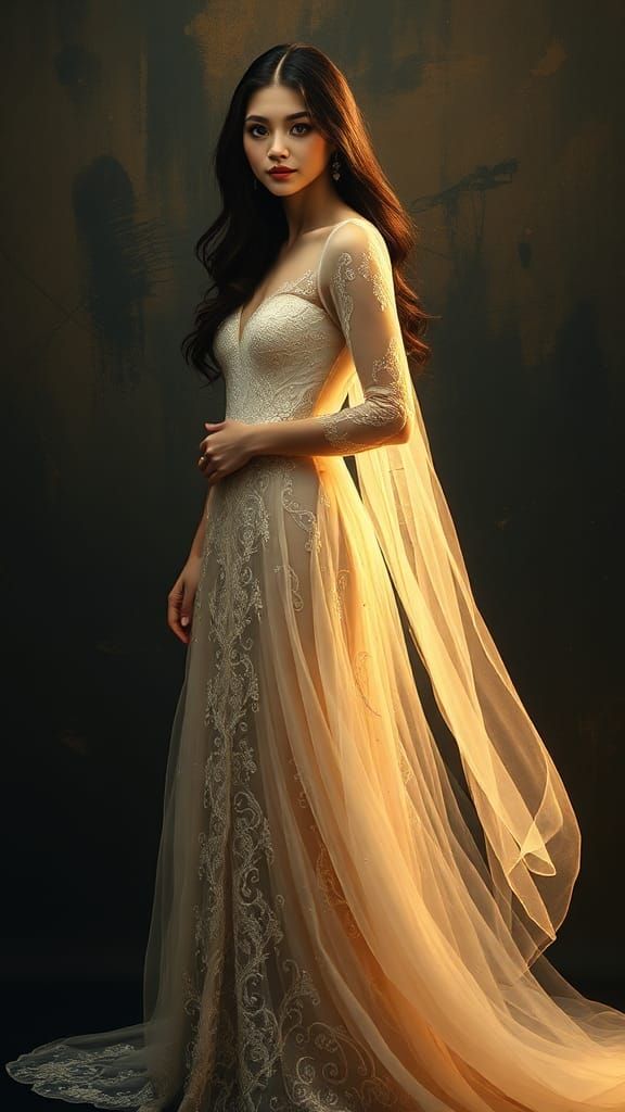 Ethereal Girl in Flowing Gown, Moody Abstract Style