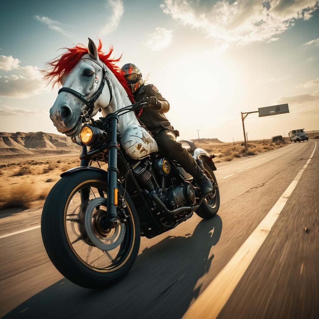 Horse Rides Harley in Dystopian Solarpunk Style