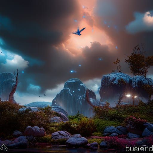 Bluebird and Hummingbird in Rainy Sky: Matte Painting