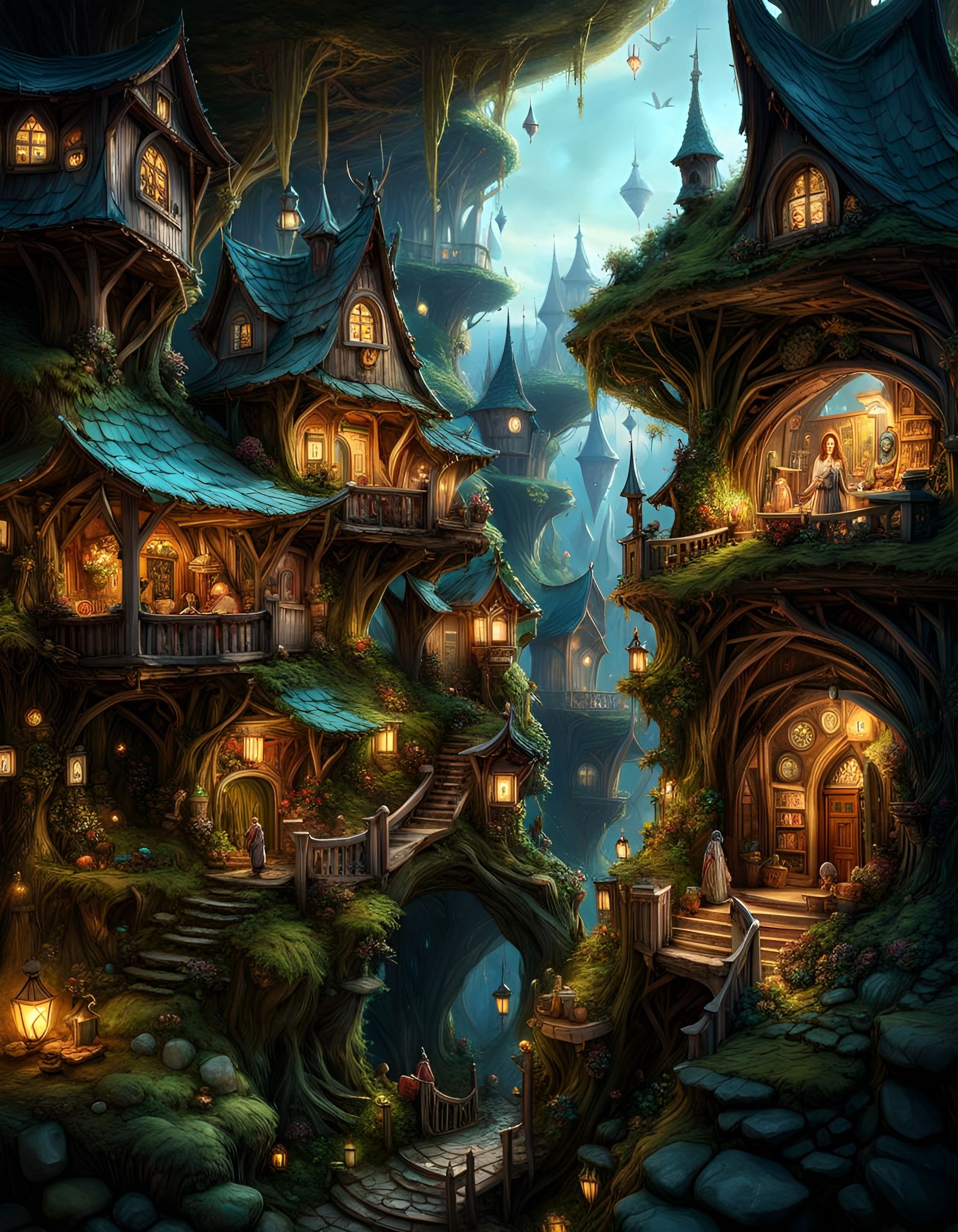 Intricate Faerie Village Inside Giant Nest
