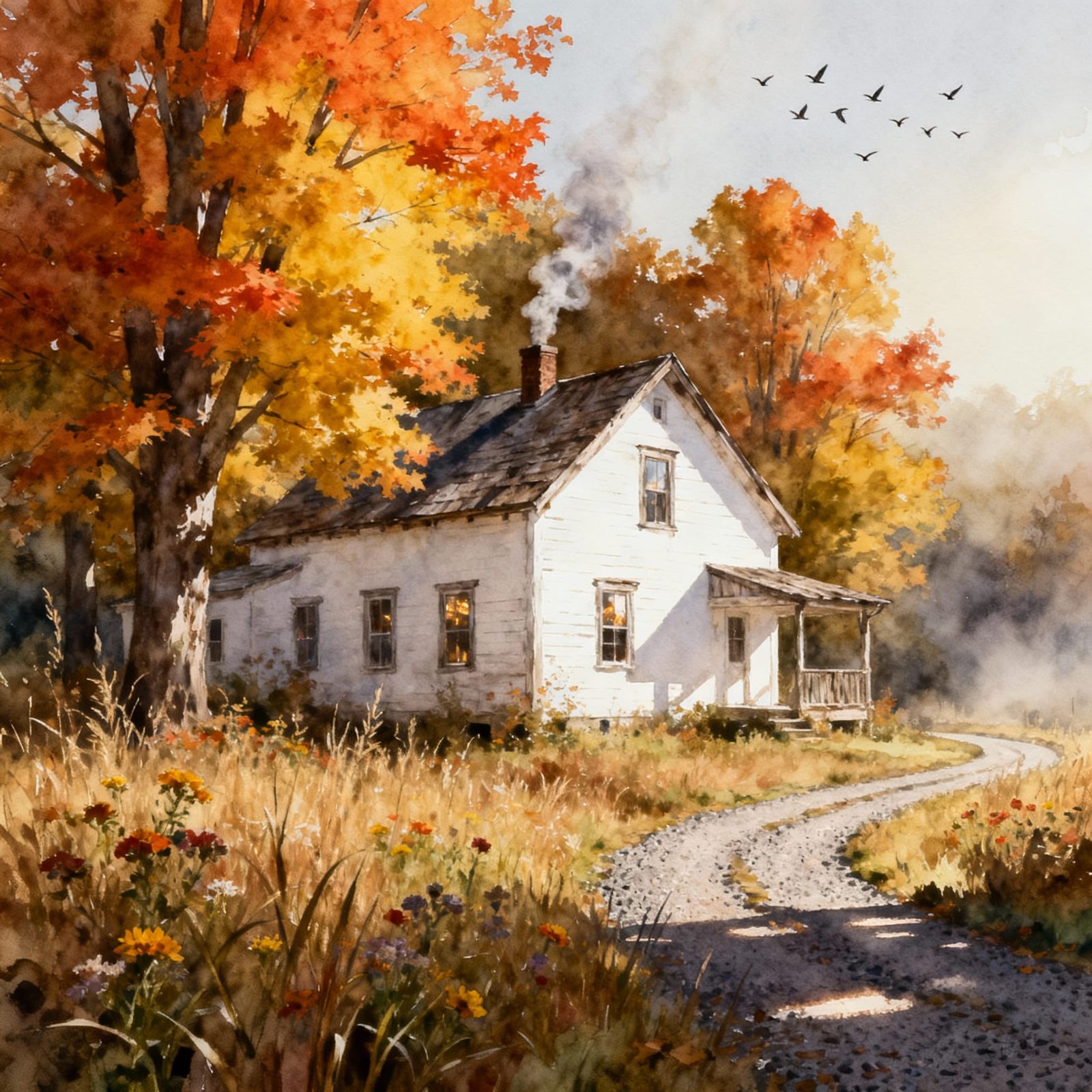 Peaceful Autumn Countryside Watercolor Landscape
