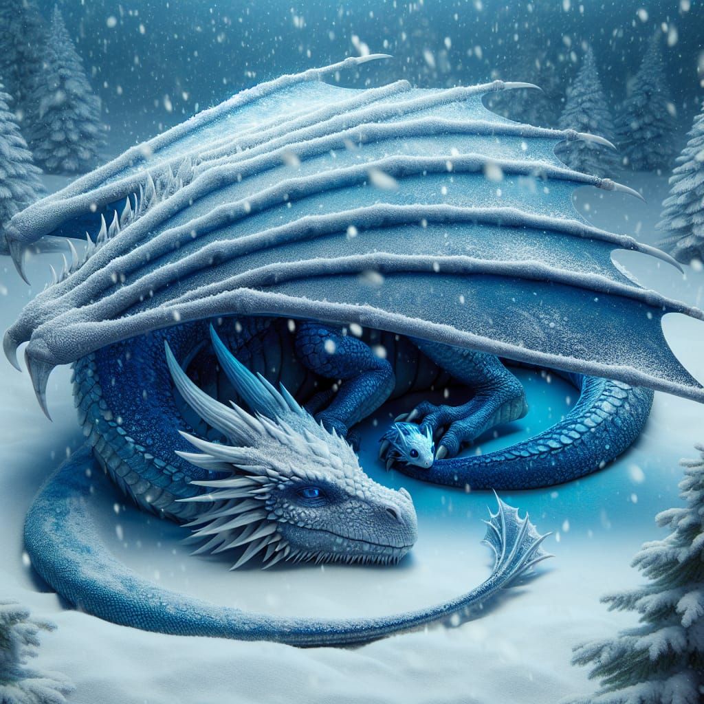 Majestic Blue Dragon Protecting Baby in Winter Snow