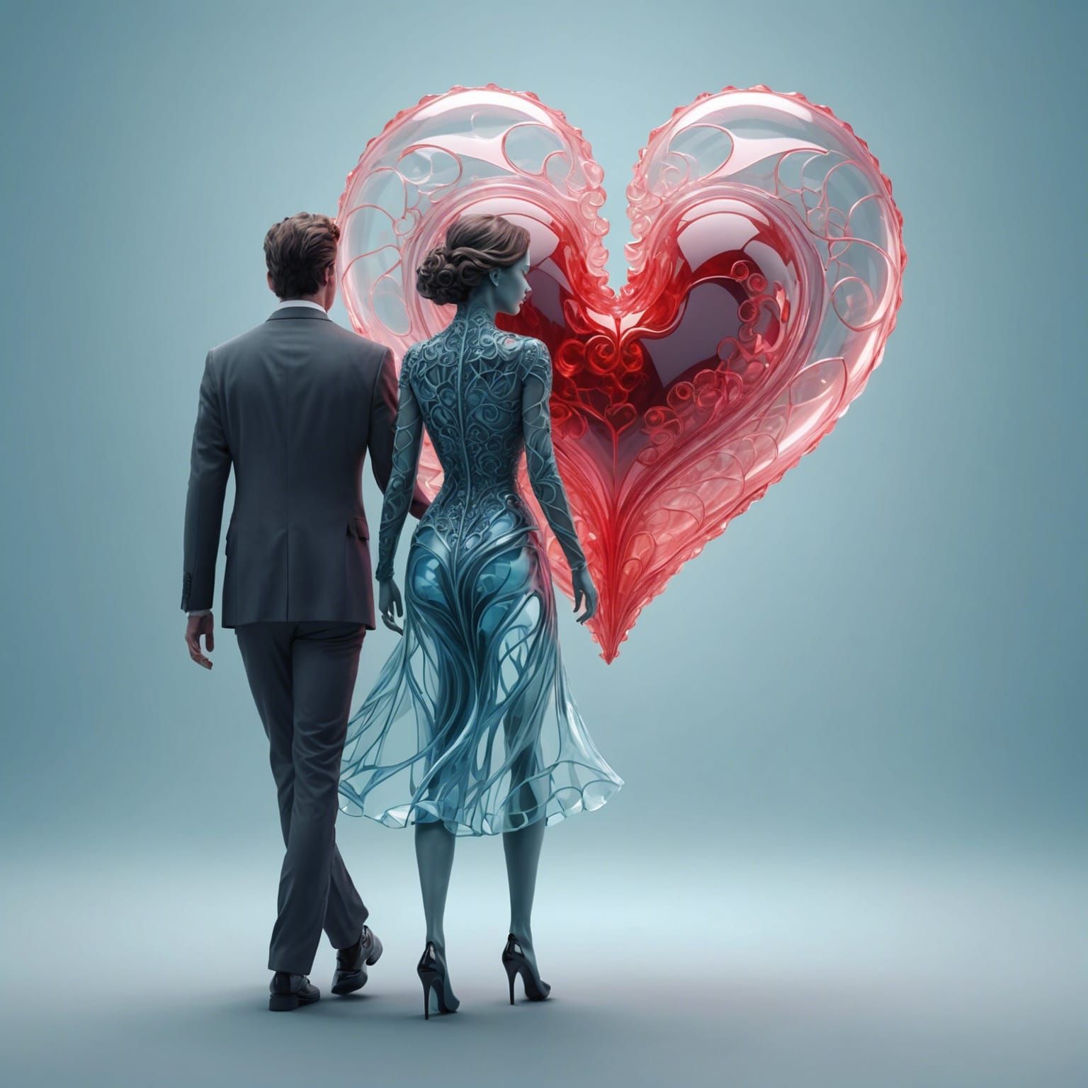 Shattered Heart: Glass Figures in Abstract Setting