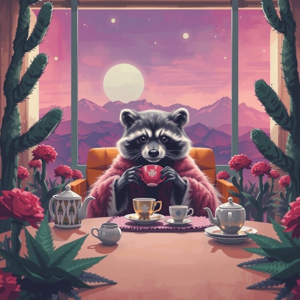 Glamorous Raccoon Enjoys Tea in Neon-Lit Cyberpunk Setting
