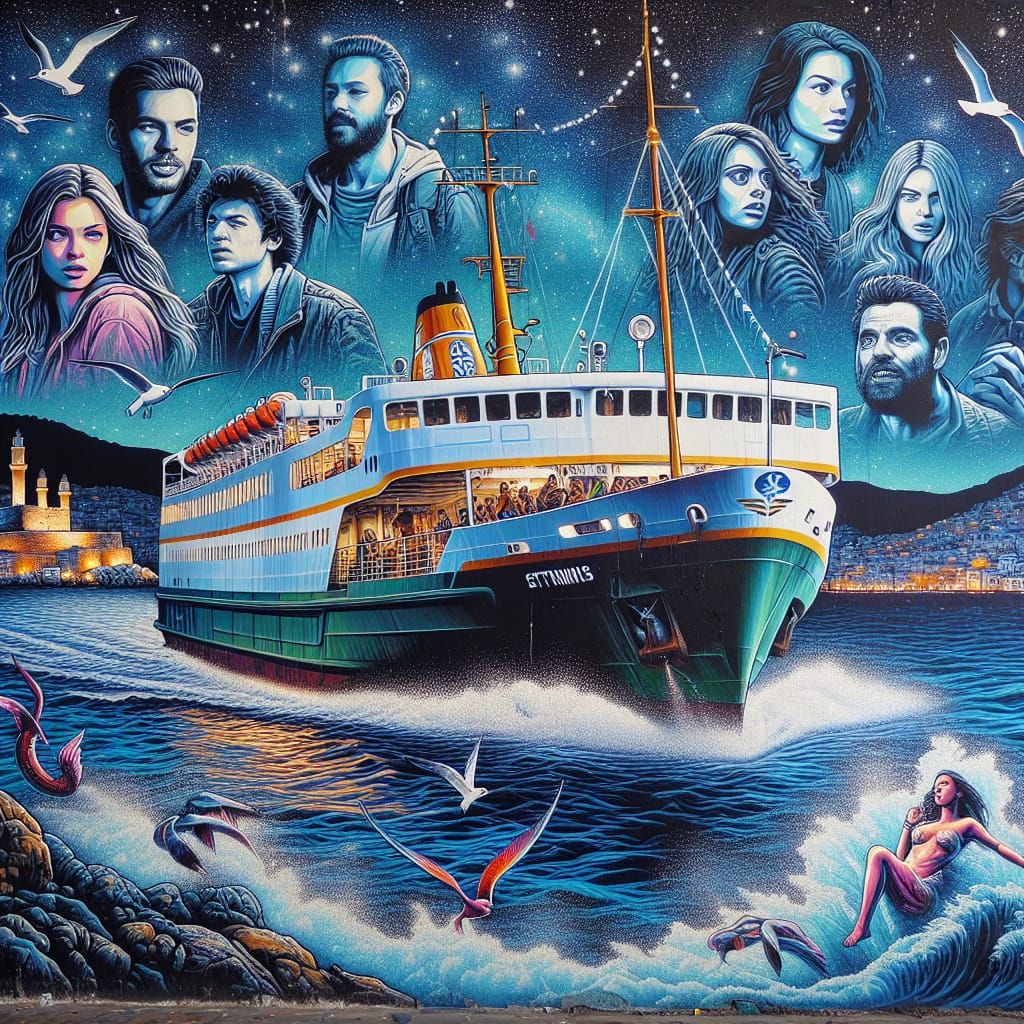 Night Ferry to Rhodes with Mermaids, in Street Art Style