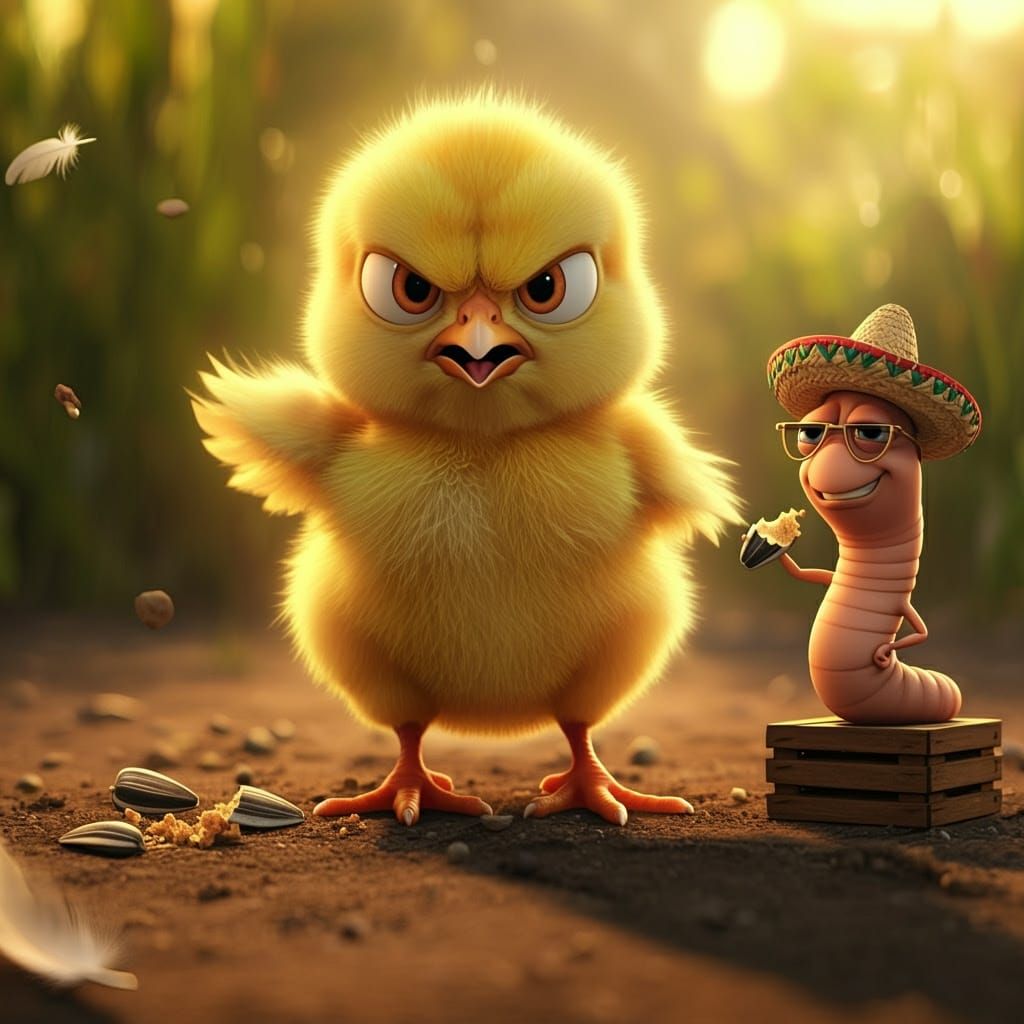 Grumpy Chick Confronts Earthworm in Rustic Farmyard
